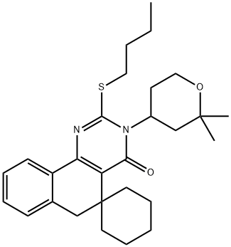 2-(butylsulfanyl)-3-(2,2-dimethyltetrahydro-2H-pyran-4-yl)-5,6-dihydrospiro(benzo[h]quinazoline-5,1'-cyclohexane)-4(3H)-one,331837-29-7,结构式