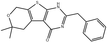 2-benzyl-6,6-dimethyl-3,5,6,8-tetrahydro-4H-pyrano[4',3':4,5]thieno[2,3-d]pyrimidin-4-one Struktur