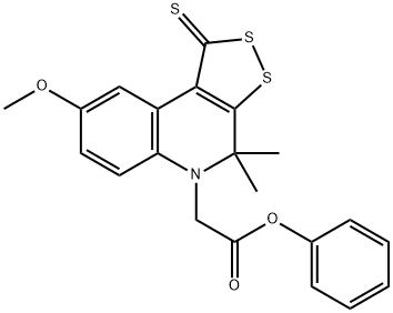 phenyl (8-methoxy-4,4-dimethyl-1-thioxo-1,4-dihydro-5H-[1,2]dithiolo[3,4-c]quinolin-5-yl)acetate Struktur