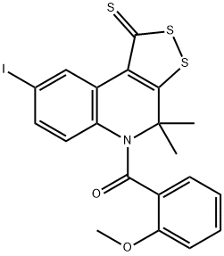 8-iodo-5-(2-methoxybenzoyl)-4,4-dimethyl-4,5-dihydro-1H-[1,2]dithiolo[3,4-c]quinoline-1-thione Struktur