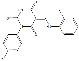 1-(4-chlorophenyl)-5-(2-toluidinomethylene)-2,4,6(1H,3H,5H)-pyrimidinetrione 化学構造式