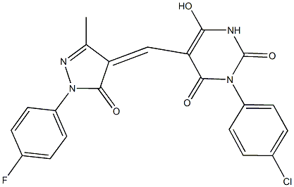 3-(4-chlorophenyl)-5-{[1-(4-fluorophenyl)-3-methyl-5-oxo-1,5-dihydro-4H-pyrazol-4-ylidene]methyl}-6-hydroxy-2,4(1H,3H)-pyrimidinedione,331844-70-3,结构式