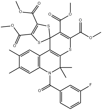 tetramethyl 6'-(3-fluorobenzoyl)-5',5',8',9'-tetramethyl-5',6'-dihydrospiro[1,3-dithiole-2,1'-(1'H)-thiopyrano[2,3-c]quinoline]-2',3',4,5-tetracarboxylate 结构式