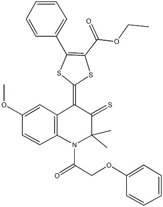 ethyl 2-(6-methoxy-2,2-dimethyl-1-(phenoxyacetyl)-3-thioxo-2,3-dihydro-4(1H)-quinolinylidene)-5-phenyl-1,3-dithiole-4-carboxylate 化学構造式
