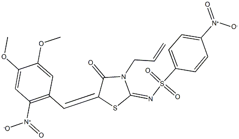 N-(3-allyl-5-{2-nitro-4,5-dimethoxybenzylidene}-4-oxo-1,3-thiazolidin-2-ylidene)-4-nitrobenzenesulfonamide,331945-13-2,结构式