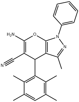 6-amino-3-methyl-1-phenyl-4-(2,3,5,6-tetramethylphenyl)-1,4-dihydropyrano[2,3-c]pyrazole-5-carbonitrile,331957-44-9,结构式