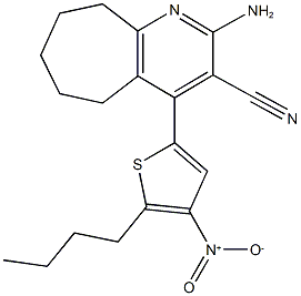 2-amino-4-{5-butyl-4-nitrothien-2-yl}-6,7,8,9-tetrahydro-5H-cyclohepta[b]pyridine-3-carbonitrile 化学構造式