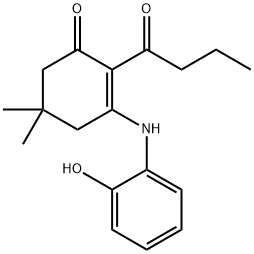 2-butyryl-3-(2-hydroxyanilino)-5,5-dimethyl-2-cyclohexen-1-one Struktur