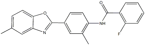 2-fluoro-N-[2-methyl-4-(5-methyl-1,3-benzoxazol-2-yl)phenyl]benzamide 化学構造式