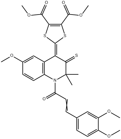 dimethyl 2-(1-[3-(3,4-dimethoxyphenyl)acryloyl]-6-methoxy-2,2-dimethyl-3-thioxo-2,3-dihydro-4(1H)-quinolinylidene)-1,3-dithiole-4,5-dicarboxylate 结构式