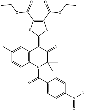 diethyl 2-(1-{4-nitrobenzoyl}-2,2,6-trimethyl-3-thioxo-2,3-dihydro-4(1H)-quinolinylidene)-1,3-dithiole-4,5-dicarboxylate 化学構造式
