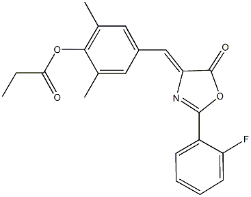 4-[(2-(2-fluorophenyl)-5-oxo-1,3-oxazol-4(5H)-ylidene)methyl]-2,6-dimethylphenyl propionate Struktur