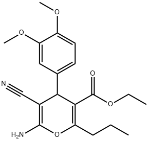 ethyl 6-amino-5-cyano-4-(3,4-dimethoxyphenyl)-2-propyl-4H-pyran-3-carboxylate 结构式