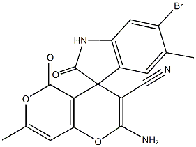 2-amino-6'-bromo-3-cyano-1',3'-dihydro-2',7-dimethyl-2',5-dioxospiro(4H,5H-pyrano[4,3-b]pyran-4,3'-2H-indole) Structure