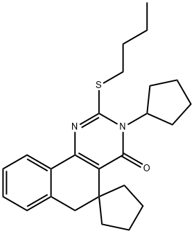 2-(butylsulfanyl)-3-cyclopentyl-5,6-dihydrospiro(benzo[h]quinazoline-5,1'-cyclopentane)-4(3H)-one,332024-59-6,结构式