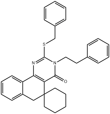 2-(benzylsulfanyl)-3-(2-phenylethyl)-5,6-dihydrospiro(benzo[h]quinazoline-5,1'-cyclohexane)-4(3H)-one Struktur