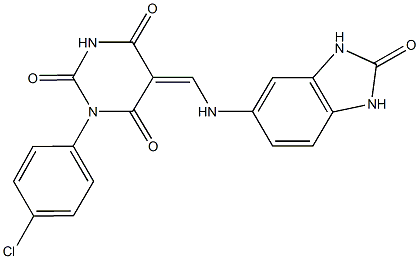 1-(4-chlorophenyl)-5-{[(2-oxo-2,3-dihydro-1H-benzimidazol-5-yl)amino]methylene}-2,4,6(1H,3H,5H)-pyrimidinetrione 化学構造式