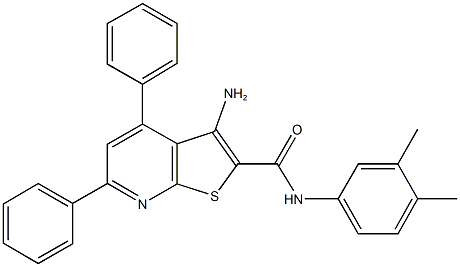 3-amino-N-(3,4-dimethylphenyl)-4,6-diphenylthieno[2,3-b]pyridine-2-carboxamide 化学構造式