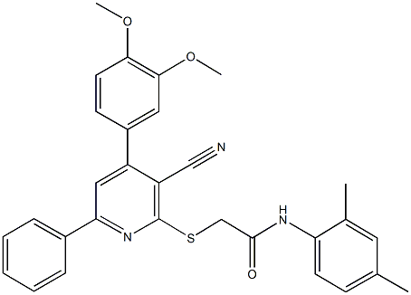 2-{[3-cyano-4-(3,4-dimethoxyphenyl)-6-phenyl-2-pyridinyl]sulfanyl}-N-(2,4-dimethylphenyl)acetamide Structure