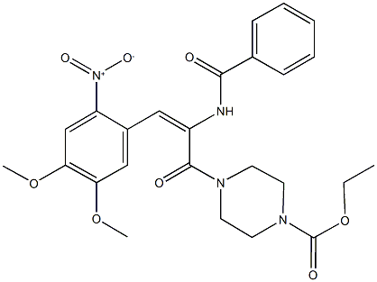 ethyl 4-(2-(benzoylamino)-3-{2-nitro-4,5-dimethoxyphenyl}acryloyl)-1-piperazinecarboxylate Struktur