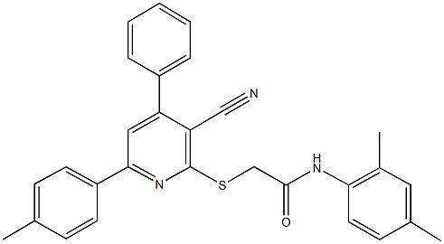 2-{[3-cyano-6-(4-methylphenyl)-4-phenyl-2-pyridinyl]sulfanyl}-N-(2,4-dimethylphenyl)acetamide 化学構造式