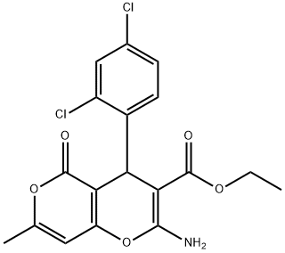 ethyl 2-amino-4-(2,4-dichlorophenyl)-7-methyl-5-oxo-4H,5H-pyrano[4,3-b]pyran-3-carboxylate 化学構造式