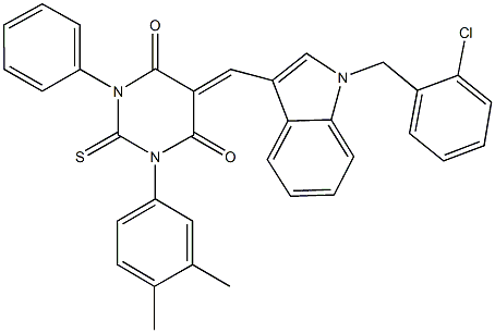 5-{[1-(2-chlorobenzyl)-1H-indol-3-yl]methylene}-1-(3,4-dimethylphenyl)-3-phenyl-2-thioxodihydro-4,6(1H,5H)-pyrimidinedione,332058-19-2,结构式