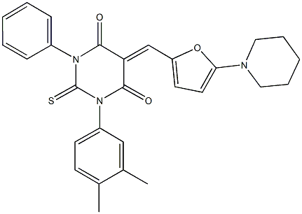 1-(3,4-dimethylphenyl)-3-phenyl-5-{[5-(1-piperidinyl)-2-furyl]methylene}-2-thioxodihydro-4,6(1H,5H)-pyrimidinedione,332058-20-5,结构式