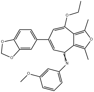 N-[6-(1,3-benzodioxol-5-yl)-8-ethoxy-1,3-dimethyl-4H-cyclohepta[c]furan-4-ylidene]-N-(3-methoxyphenyl)amine Structure