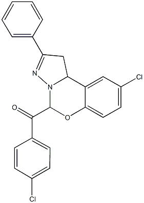 (4-chlorophenyl)(9-chloro-2-phenyl-1,10b-dihydropyrazolo[1,5-c][1,3]benzoxazin-5-yl)methanone,332059-94-6,结构式