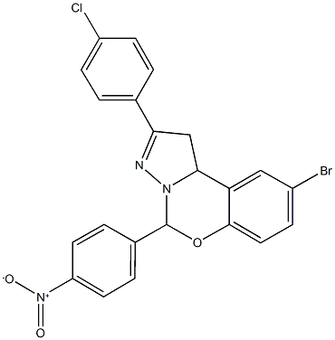 9-bromo-2-(4-chlorophenyl)-5-{4-nitrophenyl}-1,10b-dihydropyrazolo[1,5-c][1,3]benzoxazine,332060-86-3,结构式
