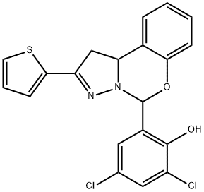 2,4-dichloro-6-(2-thien-2-yl-1,10b-dihydropyrazolo[1,5-c][1,3]benzoxazin-5-yl)phenol 化学構造式