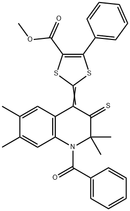 methyl 2-(1-benzoyl-2,2,6,7-tetramethyl-3-thioxo-2,3-dihydro-4(1H)-quinolinylidene)-5-phenyl-1,3-dithiole-4-carboxylate Struktur