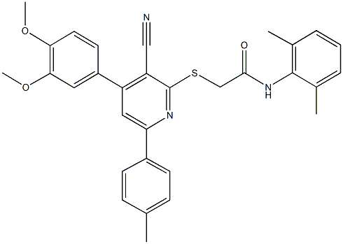 2-{[3-cyano-4-(3,4-dimethoxyphenyl)-6-(4-methylphenyl)-2-pyridinyl]sulfanyl}-N-(2,6-dimethylphenyl)acetamide Struktur