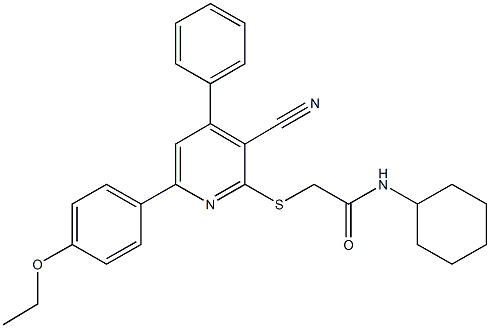 2-{[3-cyano-6-(4-ethoxyphenyl)-4-phenyl-2-pyridinyl]sulfanyl}-N-cyclohexylacetamide Struktur