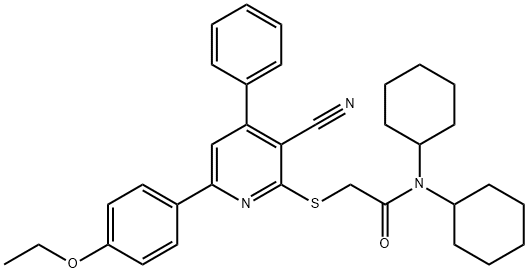 2-{[3-cyano-6-(4-ethoxyphenyl)-4-phenyl-2-pyridinyl]sulfanyl}-N,N-dicyclohexylacetamide Struktur