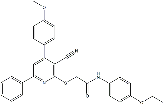 2-{[3-cyano-4-(4-methoxyphenyl)-6-phenyl-2-pyridinyl]sulfanyl}-N-(4-ethoxyphenyl)acetamide Struktur