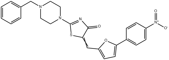 2-(4-benzyl-1-piperazinyl)-5-[(5-{4-nitrophenyl}-2-furyl)methylene]-1,3-thiazol-4(5H)-one Structure