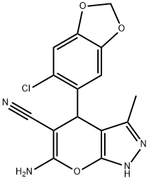 6-amino-4-(6-chloro-1,3-benzodioxol-5-yl)-3-methyl-1,4-dihydropyrano[2,3-c]pyrazole-5-carbonitrile 化学構造式