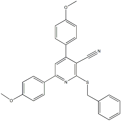 2-(benzylsulfanyl)-4,6-bis(4-methoxyphenyl)nicotinonitrile Struktur