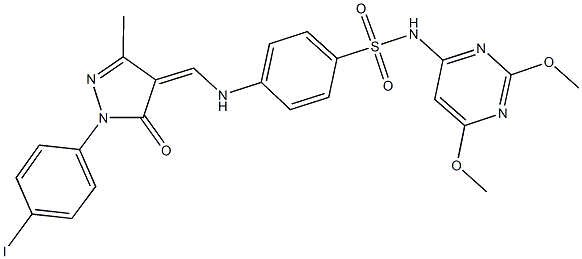 N-(2,6-dimethoxy-4-pyrimidinyl)-4-({[1-(4-iodophenyl)-3-methyl-5-oxo-1,5-dihydro-4H-pyrazol-4-ylidene]methyl}amino)benzenesulfonamide Struktur