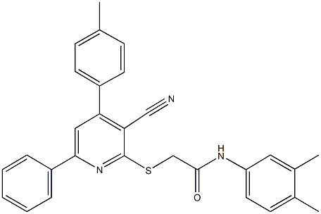 2-{[3-cyano-4-(4-methylphenyl)-6-phenyl-2-pyridinyl]sulfanyl}-N-(3,4-dimethylphenyl)acetamide 结构式