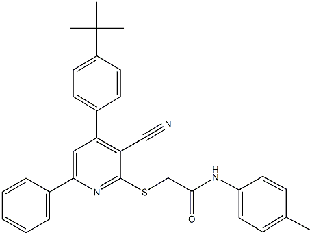 2-{[4-(4-tert-butylphenyl)-3-cyano-6-phenyl-2-pyridinyl]sulfanyl}-N-(4-methylphenyl)acetamide 结构式