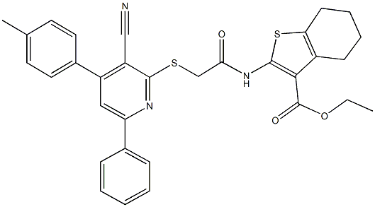 ethyl 2-[({[3-cyano-4-(4-methylphenyl)-6-phenyl-2-pyridinyl]sulfanyl}acetyl)amino]-4,5,6,7-tetrahydro-1-benzothiophene-3-carboxylate Struktur