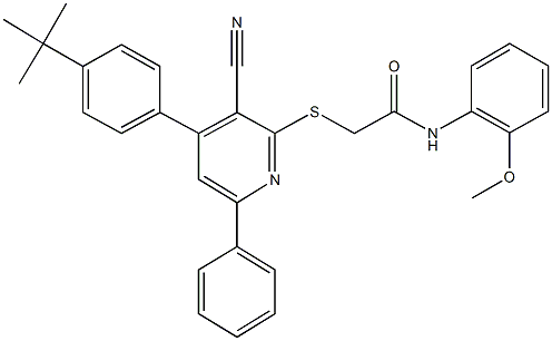 2-{[4-(4-tert-butylphenyl)-3-cyano-6-phenyl-2-pyridinyl]sulfanyl}-N-(2-methoxyphenyl)acetamide 结构式