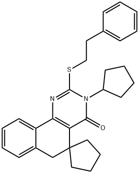 3-cyclopentyl-2-[(2-phenylethyl)sulfanyl]-5,6-dihydrospiro(benzo[h]quinazoline-5,1'-cyclopentane)-4(3H)-one 化学構造式