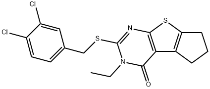 2-[(3,4-dichlorobenzyl)sulfanyl]-3-ethyl-3,5,6,7-tetrahydro-4H-cyclopenta[4,5]thieno[2,3-d]pyrimidin-4-one Struktur