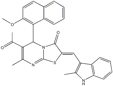 6-acetyl-5-(2-methoxy-1-naphthyl)-7-methyl-2-[(2-methyl-1H-indol-3-yl)methylene]-5H-[1,3]thiazolo[3,2-a]pyrimidin-3(2H)-one Structure