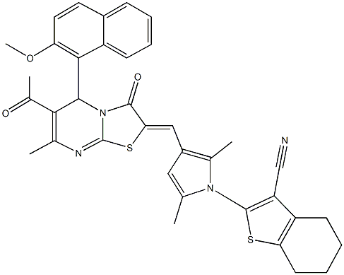 2-(3-{[6-acetyl-5-(2-methoxy-1-naphthyl)-7-methyl-3-oxo-5H-[1,3]thiazolo[3,2-a]pyrimidin-2(3H)-ylidene]methyl}-2,5-dimethyl-1H-pyrrol-1-yl)-4,5,6,7-tetrahydro-1-benzothiophene-3-carbonitrile Structure