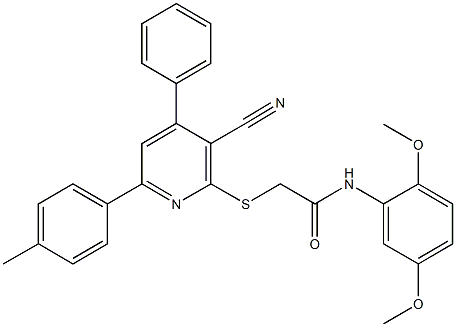 2-{[3-cyano-6-(4-methylphenyl)-4-phenyl-2-pyridinyl]sulfanyl}-N-(2,5-dimethoxyphenyl)acetamide 结构式